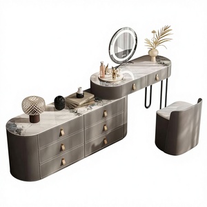 Ensemble de coiffeuse moderne en bois massif avec organisateur de bijoux, miroir éclairé réglable et tabouret – Table de maquillage fonctionnelle pour chambre/salon - Product Image 1