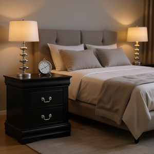 Mesita de Noche Moderna de Lujo con Acabado Negro, Madera Sólida y Acrílico, 2 Cajones, Mueble para Dormitorio - Product Image 2