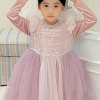 Robe longue de princesse rose pour enfants avec manches longues et tissu transparent, robe de soirée, robe de fête d'anniversaire, ensemble de robes pour filles