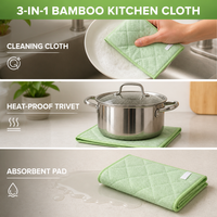 Chiffon de nettoyage de cuisine 3-en-1 en bambou 20x25cm, ultra absorbant, séchage rapide, réutilisable, résistant à la chaleur, torchon avec boucle de suspension