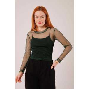 Wholesale Transparent Green <b>Tulle</b> Blouse for Ladies <b>Embroidered</b> Floral Pattern Asymmetrical Collar Silk Free XL Options Formal - Product Image 3
