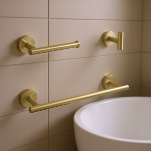Set Moderno di Accessori per Bagno in Ottone, Montaggio a Parete, Finitura Spazzolata, Design Cilindrico per un'Organizzazione Ottimale del Bagno - Product Image 2