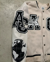 Veste de baseball vintage blanche pour homme avec logo brodé personnalisé OEM ODM, patch en chenille, broderie, manches en cuir, style Letterman Varsity