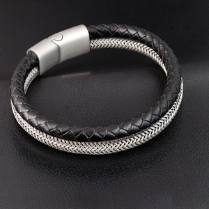 Bracciale da Uomo di Lusso Multistrato in Acciaio Inossidabile Intrecciato <span class=keywords><strong>con</strong></span> Vera Pelle - Product Image 2