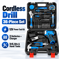 Kit combiné perceuse sans fil OEM 36 pièces, perceuse rechargeable au lithium-ion 12V avec 2 batteries, coffret d'outils pour la maison