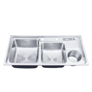 Évier de cuisine <span class=keywords><strong>double</strong></span> <span class=keywords><strong>bac</strong></span> <span class=keywords><strong>en</strong></span> acier inoxydable SUS304 X26312, taille 92 x 43 cm, avec poubelle et porte-couteaux - Product Image 6