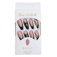 24 faux ongles de Noël à presser, longs, forme cercueil, noir mat et nude avec paillettes flocon de neige dorées, pointe en V, réutilisables, en acrylique