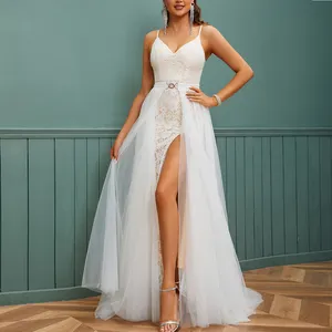 Lace Halter V Neck Mesh Wedding Dress Removable Trailing Bridal High Waist Maxi Women's Dress