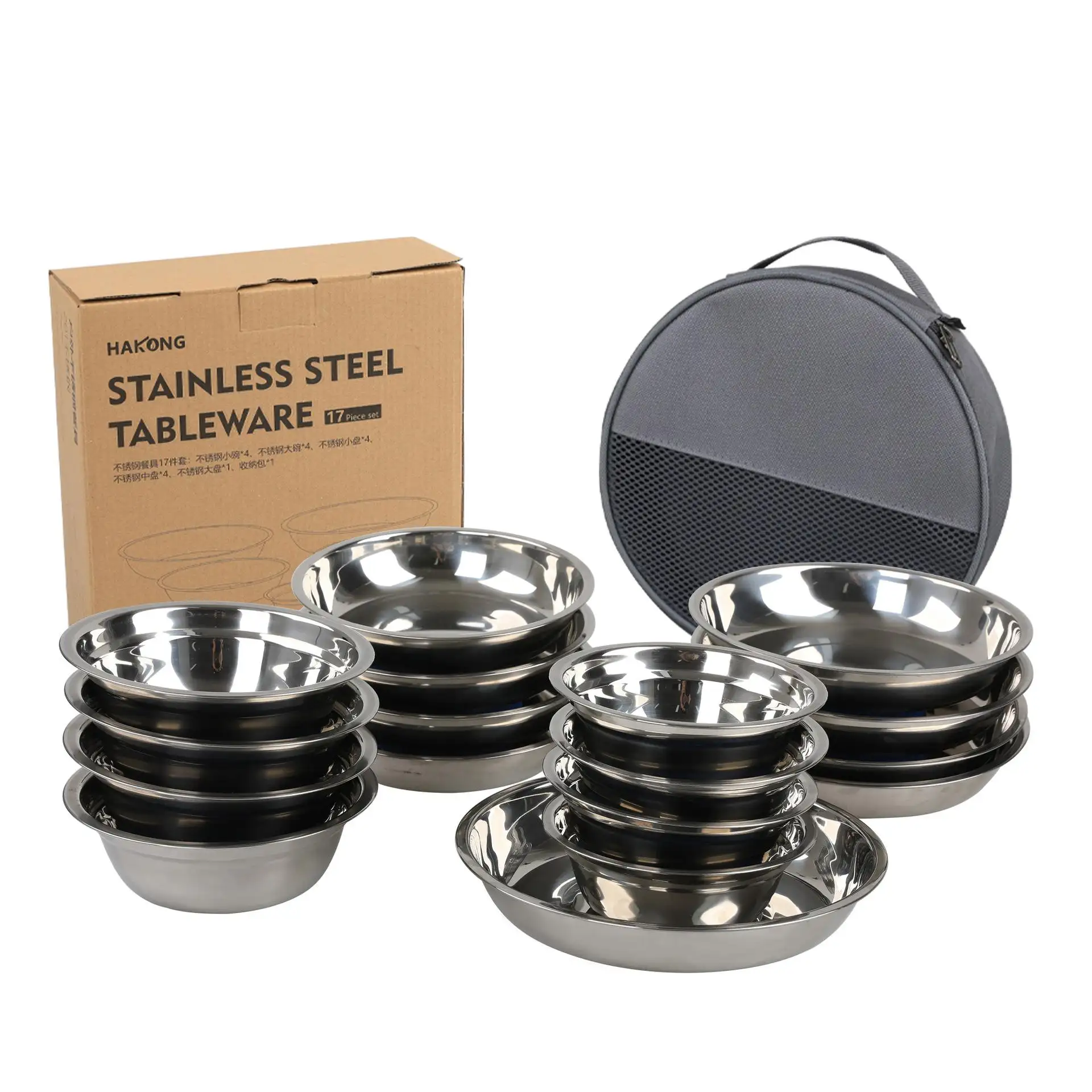 Set piring makan baja tahan karat, dan mangkuk berkemah 17 buah portabel untuk peralatan makan barbekyu