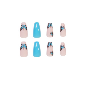 Appuyez sur les fournitures pour ongles en gros moyen papillon <span class=keywords><strong>faux</strong></span> ongles 24 pièces français <span class=keywords><strong>bleu</strong></span> <span class=keywords><strong>ciel</strong></span> acrylique amande ongles pour femmes et filles - Product Image 2