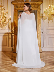 Robe <span class=keywords><strong>de</strong></span> mariée élégante et simple pour femme, blanche unie, col rond, coupe ajustée, longueur maxi, avec cape châle au sol - Product Image 4