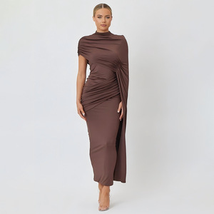 Vestido de cóctel con cuello redondo, hombro asimétrico cruzado, color liso, largo y ajustado para mujer - Product Image 3