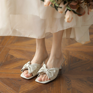 New Summer Luxury Sheepskin Leather Outdoor Heel Bride Wedding Party Women <b>Slide</b> Sandal With Bow <b>Slippers</b> - Product Image 5