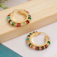 Boucles d'oreilles créoles vintage colorées style européen et américain unisexe, en fer électroplaqué avec pierres naturelles, collection 2026