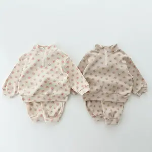 Spring Autumn Toddler Children Girls Floral Design Half Zipper Casual Sweatshirt Pants 2pcs Tracksuits Baby Clothes Set