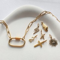 Kalung Liontin Salib Sayap Mata Jahat Nomor 2 Berlapis Emas eManco dari Baja Anti Karat, Perhiasan Kristal Lepas Pasang DIY