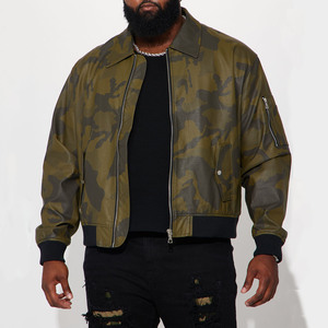 سترة جلدية مموهة عالية الجودة مخصصة كبيرة الحجم للرجال تصميم عتيق بومبر بشعار أمامي بسحاب فضفاض مناسب للخريف - Product Image 4