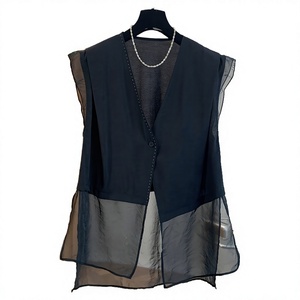 <b>Women's</b> V-Neck Sleeveless Mesh Patchwork <b>Vest</b> Solid Color Elegant Outerwear Single Button Closure Polyester Material - Product Image 4