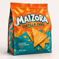 Sachet d'emballage personnalisé à soufflets latéraux pour chips de tortilla avec fermeture éclair refermable, film haute barrière et emballage de snacks sous marque privée