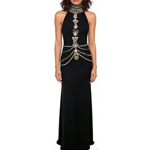 Robe longue noire à perles pour femme - Robe de soirée formelle ornée de cristaux et de perles, robes de fête tendance - Product Image 2