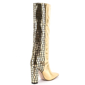 Bottes hautes pour femmes, grande taille 47, imprimé pierre dorée, patchwork, talon épais, sur bottines longues multicolores - Product Image 4