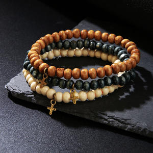 Okp commercio estero europeo americano religioso a forma di croce di legno con perline bracciale elasticizzato Set di vendita calda transfrontaliera nero Unisex - Product Image 2