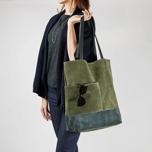 Olive Green Suede Large Leather Shopper Shoulder Tote Bag
