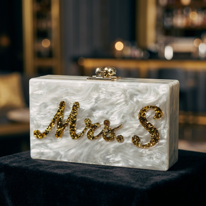 Personalized <b>White</b> Glitter Clutch <b>Bag</b> Luxury <b>Evening</b> Purse with Gold Embossed Customized Unique Style Latest Design New Arrival - Product Image 1