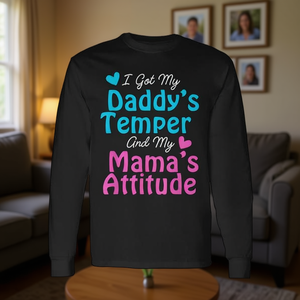 T-shirt a maniche lunghe con stampa: Ho il temperamento di mio papà e l'attitudine di mia mamma - Product Image 3