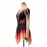 Costume de patinage artistique en spandex/nylon avec strass dégradé noir et rouge, manches longues, dos en V profond, robe de performance sur glace pour filles et enfants