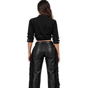 Leather Fringed Pants High Waist <b>Loose</b> Fit Full Length <b>Women's</b> <b>Trousers</b> - Product Image 6