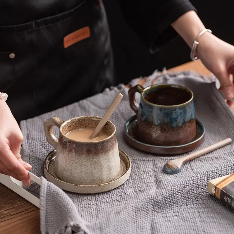 Handmade Creative retro hình đặc biệt gốm cốc cà phê với xử lý và chiếc đĩa đặt potbelly chén gốm flamed tráng men Mug