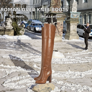 Roman Shoes Brown Leather Knight <b>Boots</b> for Men Women Chunky High Heel Round Toe Back Cut Comfortable Autumn/Winter Over-the-Knee - Product Image 2