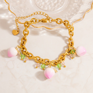 Pulsera con Dije de Melocotón en Acero Inoxidable Color Oro 18K, Joyería para Uso Diario de Mujer con Cristal y Diamantes de Imitación - Product Image 2