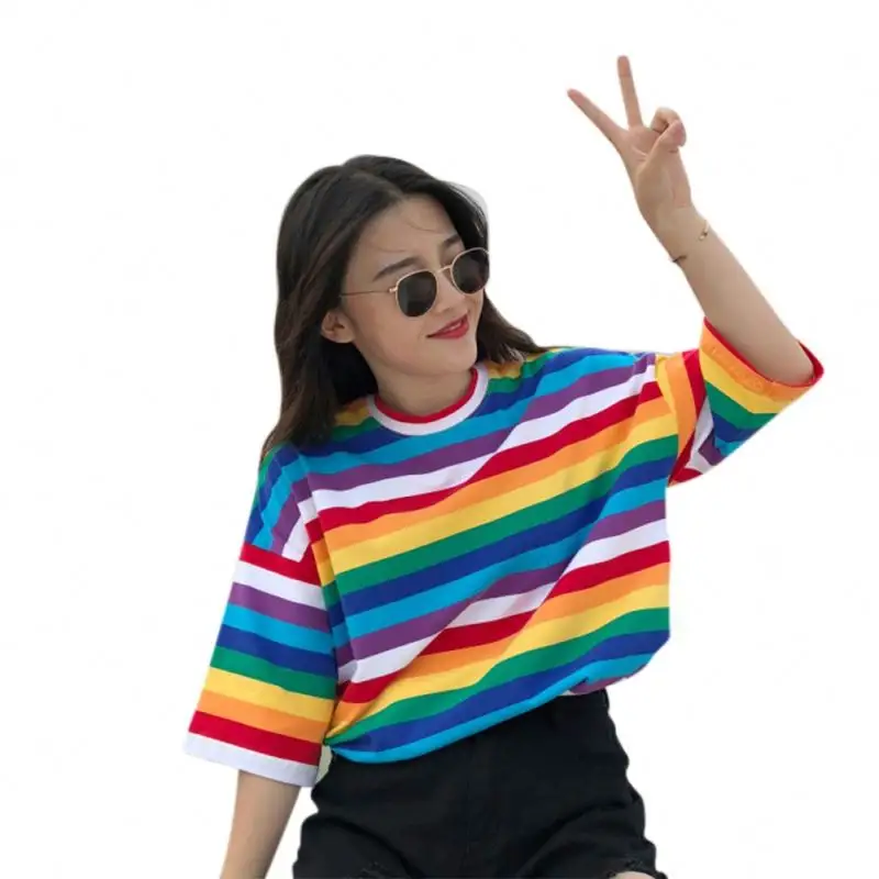 Kaus Garis-garis Warna-warni untuk Wanita Musim Panas Warna Kemeja Lengan Pendek Super Versi Korea Longgar Kaus Serbaguna L0068