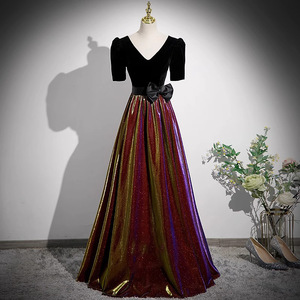 Black Gradient Velvet Evening Gown V-Neck A-Line Mid Sleeve Elegant Formal Dress For Women - Product Image 1