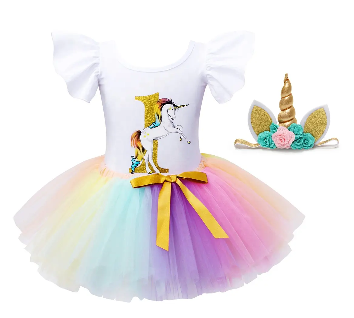 New Arrival Baby Girl Birthday Dress 1 Years Old Colorful Gauze Bow With Lotus Leaf Sleeve Unicorn Design Dress and Heirlooms