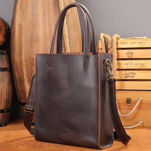 Bolso de mano de cuero genuino Crazy Horse Retro Unisex, conjunto de bolso con cremallera de gran capacidad con cierre abierto para hombres y mujeres - Product Image 5