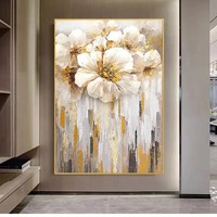Peinture murale abstraite moderne en toile texturée, motif floral doré, peinte à la main, grande taille, pour l'hôtellerie