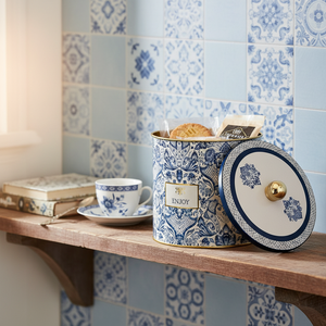 140x150 mm Metal round Canister Knob Handle 2.1L Azulejo-Inspired <b>Blue</b> & White Decorative Pattern - Product Image 3
