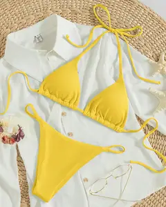 2024 nuevo color sólido micro bikinis sexy señora traje de baño plisado cordón playa traje de baño