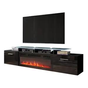Modern 2022 Living room tv cabinet stand wood with fireplace high glossy tv stand with LED lights glass top panel home furniture