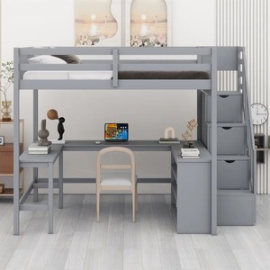 <span class=keywords><strong>Lit</strong></span> mezzanine moderne avec bureau <span class=keywords><strong>en</strong></span> L intégré et étagères de rangement à trois niveaux, escalier de rangement pour chambre à coucher - Product Image 2