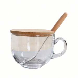 Mug à café en verre 15OZ transparent avec couvercles et cuillère en bambou, écologique, logo personnalisé pour café, thé, lait, flocons d'avoine, yaourt - Product Image 1