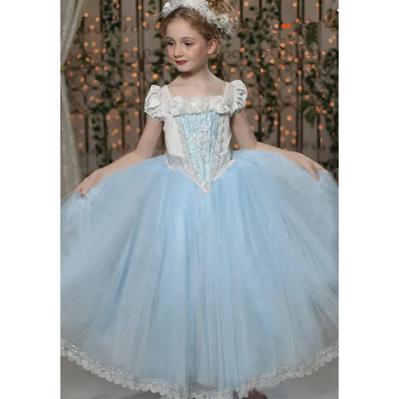 Vestidos da princesa frozen elsa, 4 camadas vestido de fantasia halloween azul com lantejoulas