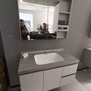 Meuble de salle de bain intelligent gris chaud avec rangement, double tiroir et double porte, lavabo blanc - Product Image 5