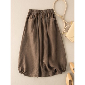 Women's Linen Midi Skirt High Waist A-line With Pockets Coffee Color 2601 - Product Image 1