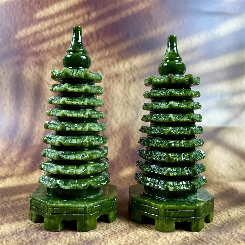 Venta al por mayor personalizar Jade verde nueve capas Budda Pagoda Torre Cristal artesanía Jade Wenchang Pagoda para Fengshui