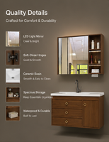 Meuble-lavabo de salle de bain de luxe avec miroir LED mural, unité flottante moderne pour hôtel et appartement