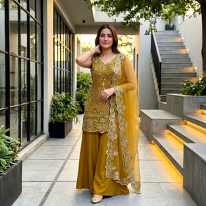 Mustard Yellow Embroidered <b>Kurta</b> Palazzo Dupatta Set Indian Pakistani Ethnic Wear <b>For</b> <b>Women</b> Party - Product Image 1